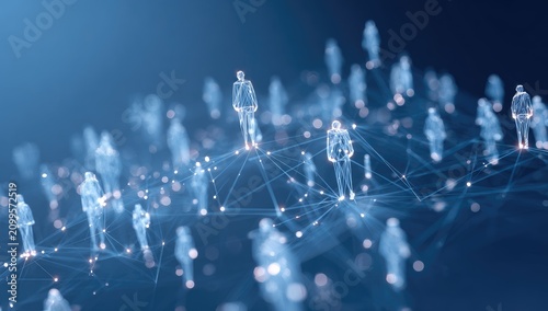 Conceptual visualization showing interconnected human figures, represented by translucent outlines, floating in a digital network