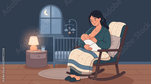 Mother breastfeeding baby in a nursery.
