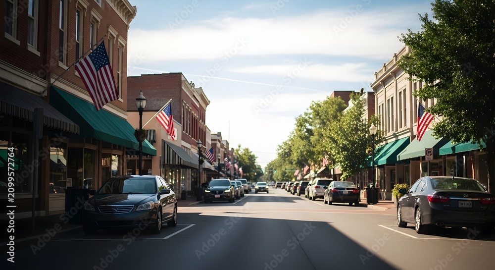 Naklejka premium Small town street with brick buildings and american flags