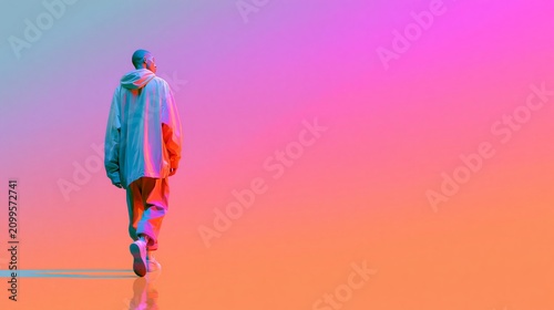 Colorful surreal illustration of a streetwear man walking away, minimalist contemporary fashion concept with urban style, premium lifestyle advertising artwork with expansive copy space