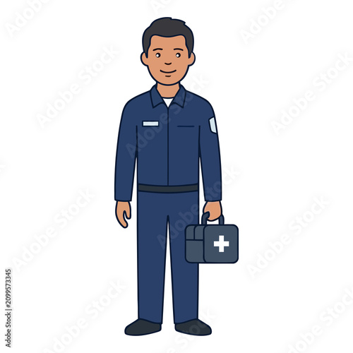 Paramedic emt male character holding first aid kit bag vector illustration