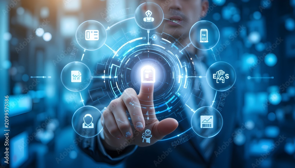 Fototapeta premium Business Professional Using Futuristic Artificial Intelligence Dashboard with Digital Business Analytics, Smart Automation, Cloud Computing, Data Visualization, Cybersecurity Network, Machine Learning