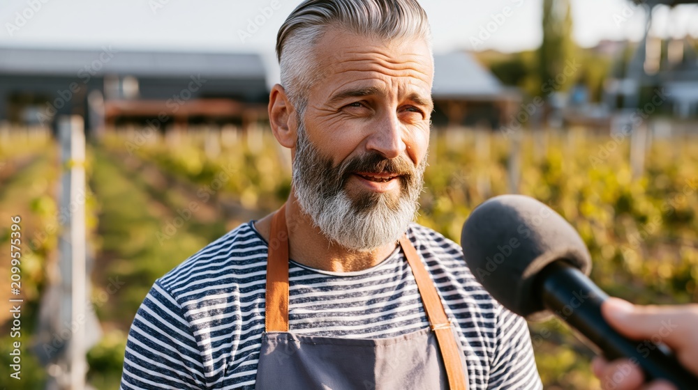 Obraz premium Winemaker speaking to a microphone at a vineyard. Concept of wine industry news interview.