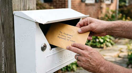 Person placing envelope into outdoor mailbox.