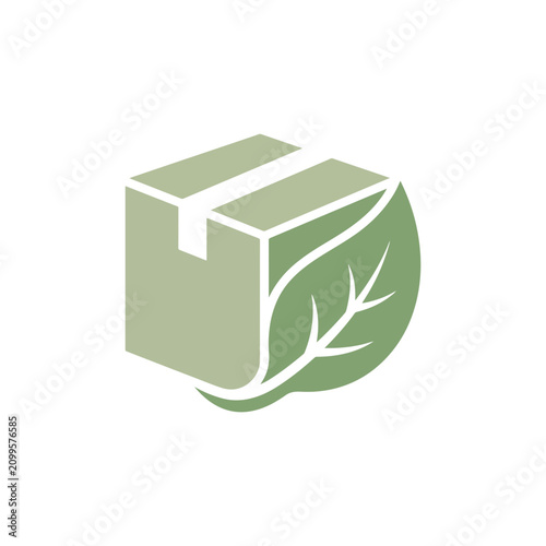 Minimalist flat vector logo icon of a cardboard box integrated with a green leaf, representing eco-friendly packaging and sustainable shipping, isolated on a white background.