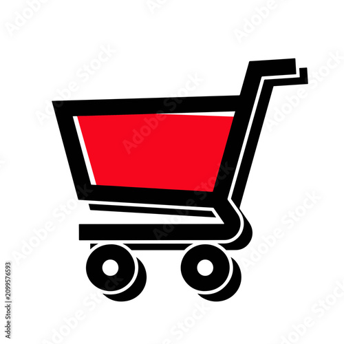 Minimalist flat vector icon of a shopping cart with a red accent color, representing e-commerce and retail, isolated on a white background.