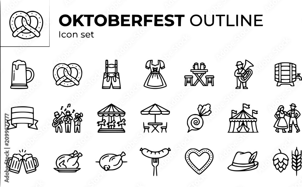 Fototapeta premium Oktoberfest and German Beer Culture Outline Icon Set with Beer Stein, Pretzel, Lederhosen and Beer Garden Table, 20 Icons Editable Strokes