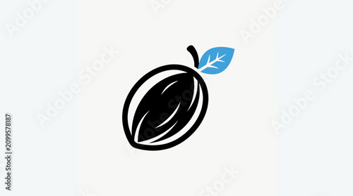Obraz na płótnie Cacao pod illustration features a stylized black fruit shape paired with a single vibrant blue leaf