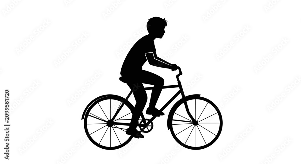 Obraz premium Black silhouette of a young person riding a bicycle isolated on white.