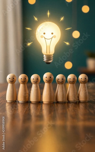 Smiling wooden figures gaze up at a glowing, happy light bulb above them.