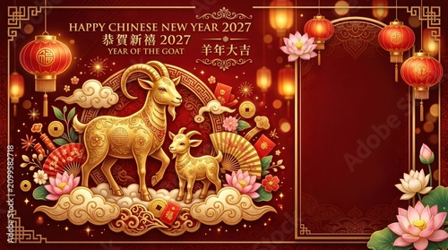 Festive Chinese New Year 2027 Decoration with Goat Symbolism, Lanterns, and Floral Elements for Celebration and Prosperity