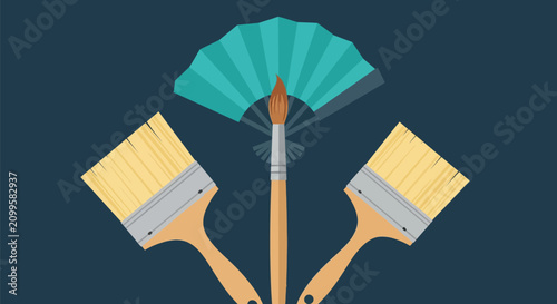 Flat design illustration of painting tools featuring two broad paintbrushes, one fine tip artist brush, and a teal folding hand fan arranged symmetrically on a dark blue background.
