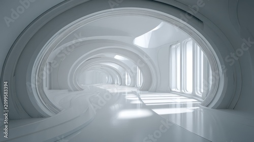 Futuristic minimalist white corridor with curved architectural design and large windows