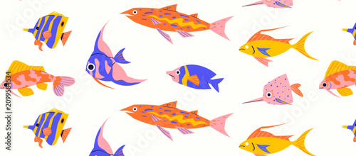 Photography Seamless pattern with colorful tropical marine fish on light background