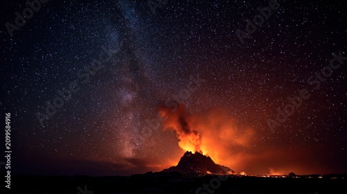 Volcano eruption under starry night sky