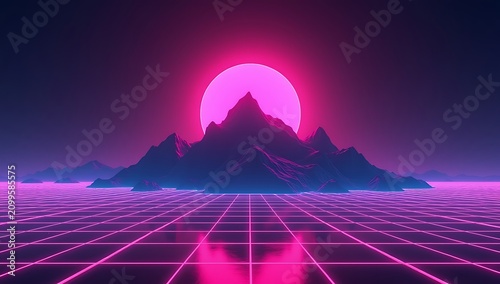 Retro Futuristic Mountain Landscape with Glowing Sun and Grid.