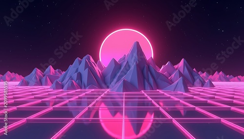 Retro Futuristic Landscape with Glowing Pink Grid and Mountains.