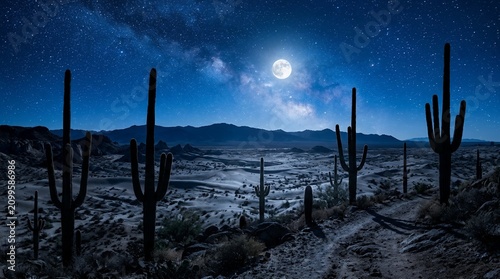 Vast desert landscape under a full moon with saguaro cacti silhouettes.