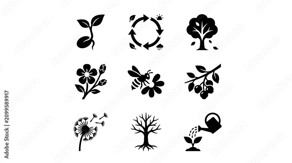 Obraz premium Black silhouettes of various trees plants.