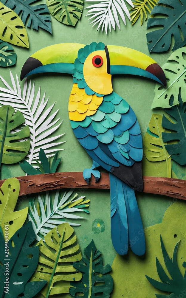 Obraz premium Vibrant toucan perched on branch, surrounded by lush tropical leaves in paper art style.