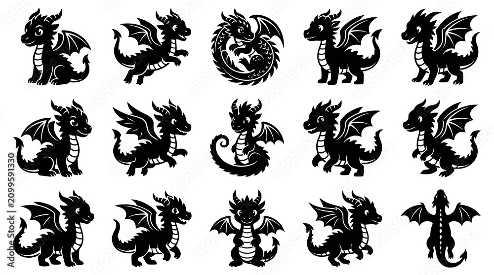 Fototapeta premium Fantasy Baby Dragon Cartoon Glyph Silhouettes Set. Cute Mythical Creature Vector Illustrations.