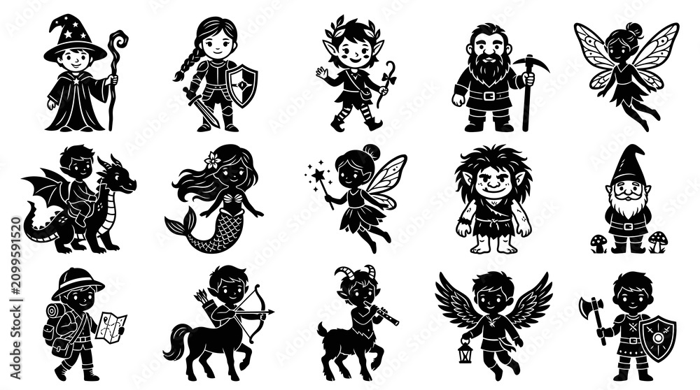 Obraz premium Black and White Fantasy RPG Characters Glyph Icons Collection for Fairytale Stories and Mythical Creatures