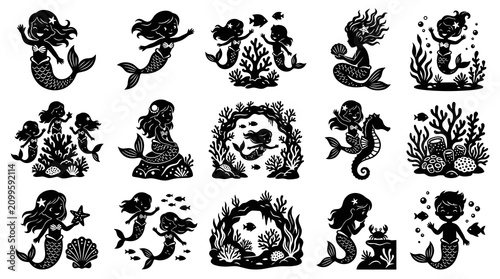 Black  White Silhouette Vector Art of Mermaids and Marine Life