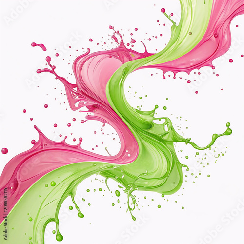 Vibrant pink and green paint splashes in fluid abstract motion on white background