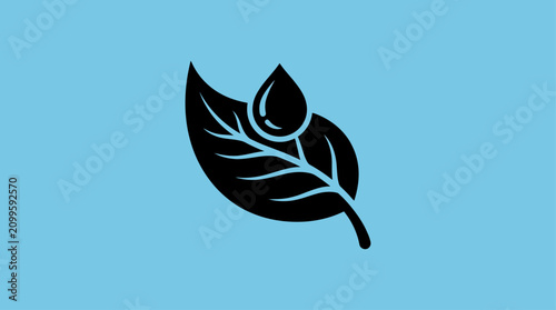 Canvas Print Leaf silhouette with a prominent water drop signifies environmental conservation on a solid light blue background