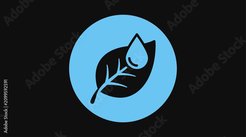 Foto Leaf icon featuring a singular water droplet rests inside a blue circle against a solid black background
