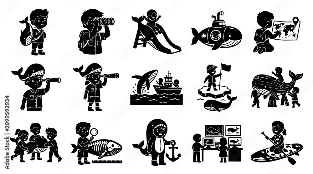 Naklejka premium Black and White Glyph Icons Set: Kids Exploring Marine Life, Whales, and Oceanography Concepts.