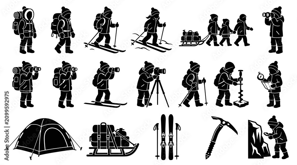 Obraz premium Winter Outdoor Adventure Kids Camping Skiing Hiking Photography Vector Icons