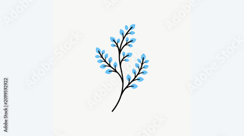 фотографія Branch with leaves features a simple botanical illustration rendered in a soft blue color scheme against a clean white background
