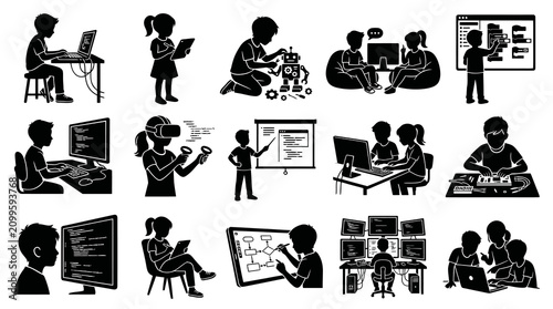 Black  White Glyph Illustrations of Children Learning Programming, Coding, Robotics, and STEM Technology Education