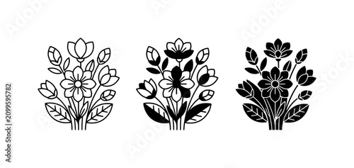Fotografie Floral Bouquets Vector Icons, Decorative Flower Arrangements, Vintage Botanical