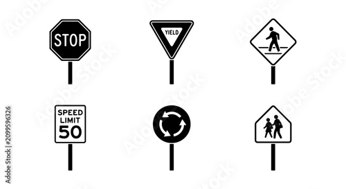 Foto Traffic Signs Collection: Stop, Yield, Pedestrian, Speed Limit, Roundabout, Scho