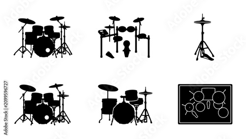 Quadro em tela Drum Kit Silhouettes, Music Icons, Percussion Set Vector Graphics