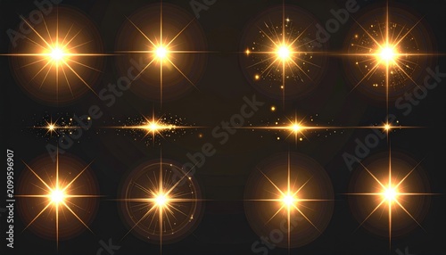 Collection of stylized golden stars and light flares. Some exhibit glitter. Eight designs presented on dark background