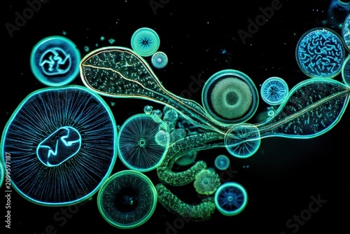 Glowing abstract scientific visualization of organic technology networks against black