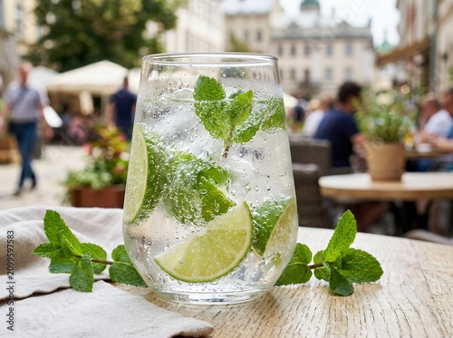 Refreshing Mojito Cocktail with Lime and Mint on a Wooden Table Outdoors.