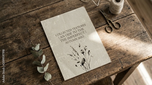 Vintage Book with Dried Flowers and Scissors on Wooden Table.