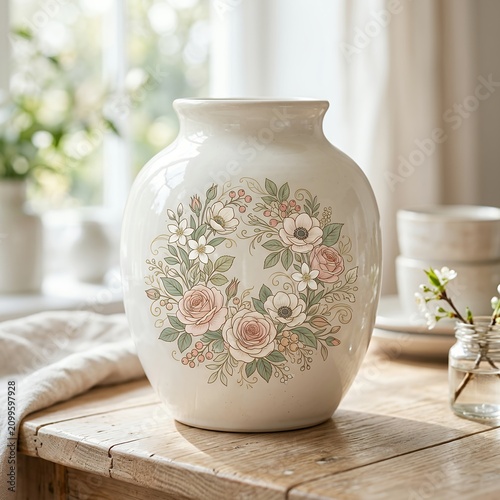 Vintage Ceramic Vase with Floral Wreath Design on Wooden Table.