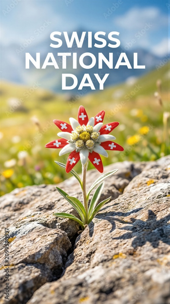 Obraz premium Edelweiss flower with red and white Swiss flag petals growing out of a mountain rock. Concept for Swiss National Day celebration. Patriotic alpine flora landscape in bright summer sunlight.