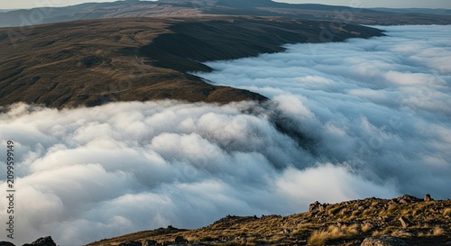 Mountain landscape with foggy valley below.