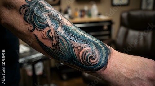 Intricate Mermaid Ink Tattoo Skin Macro Close Up