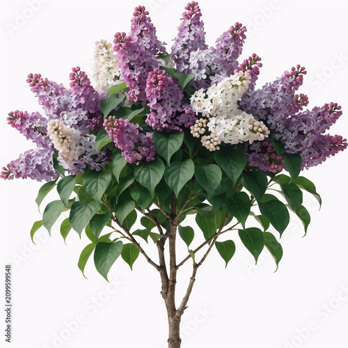 Lilac bush with purple and white blossoms in full bloom against white background