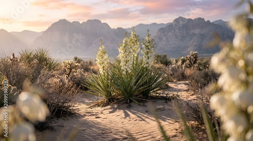Blooming Yucca Desert Flowers at Sunrise