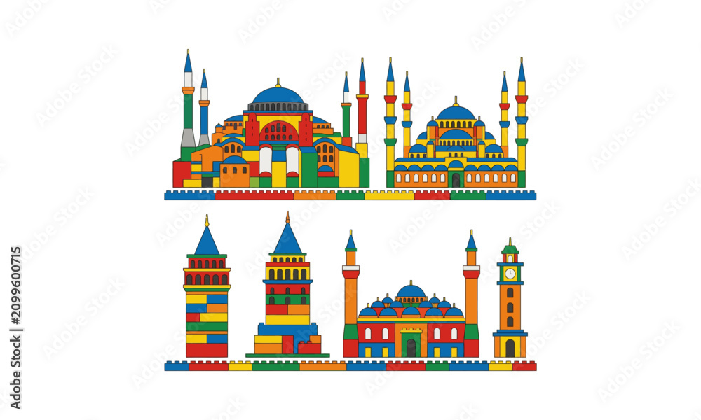 Obraz premium Colorful pixel art icons of famous Turkish mosque buildings.