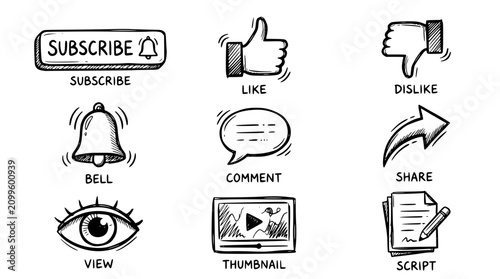 Hand drawn youtube video creator icons subscribe like bell comment share view thumbnail script, black ink sketch vector illustration
