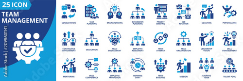 team management icon set contains consultation, task, brainstorming, succession planning, project briefing, job rotation, coaching, performance, delegation, engagement, and employee assessment